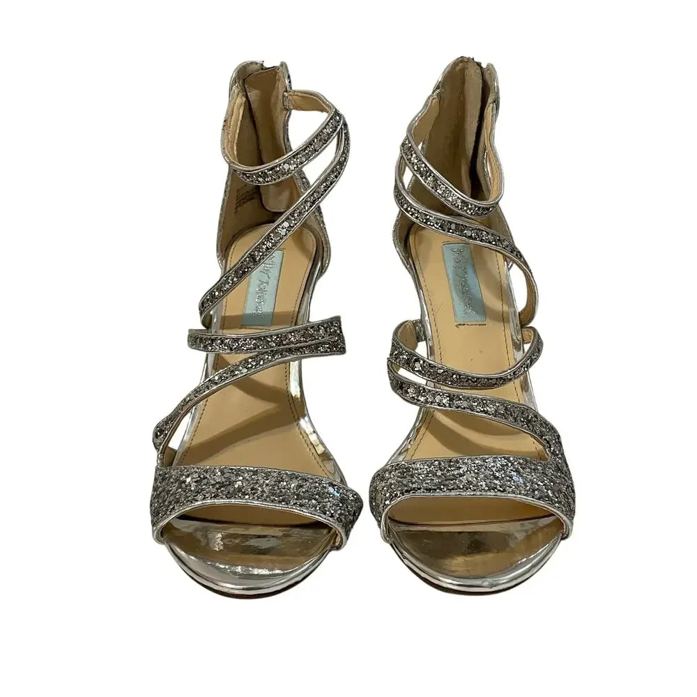Blue by Betsey Johnson Izzy Women’s Silver Glitter Strappy Stiletto Sandals 8.5